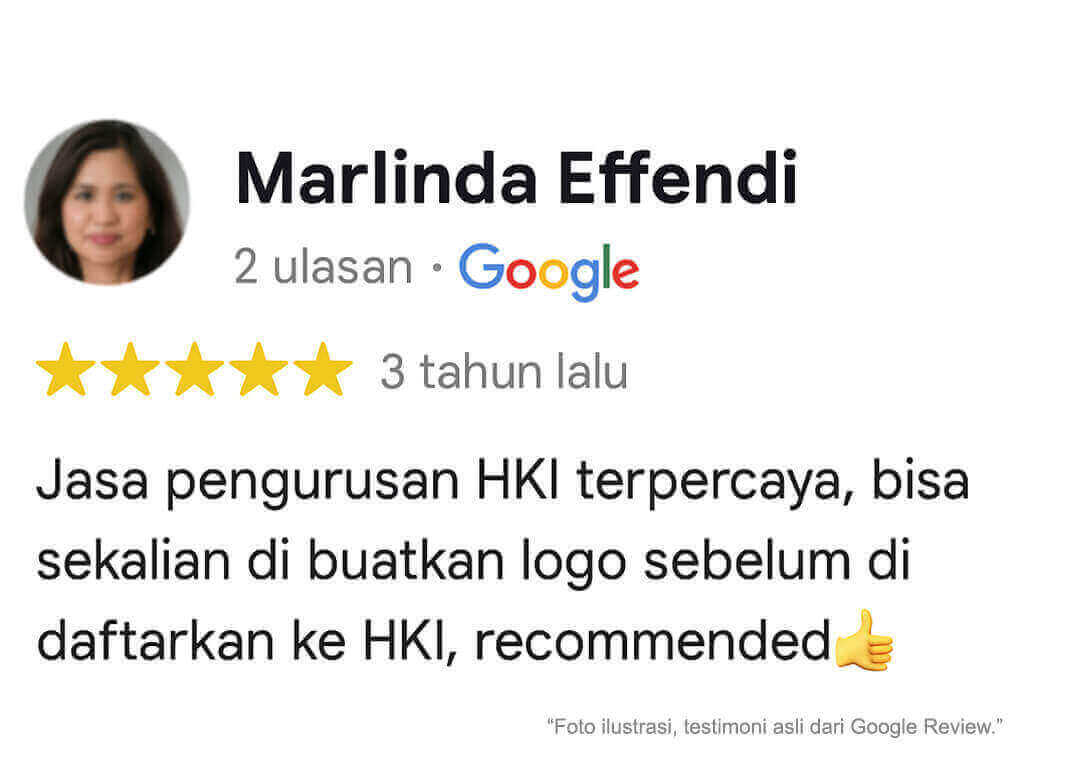 Ulasan Google asli oleh Marlinda Effendi: jasa pengurusan HKI terpercaya, recommended.
